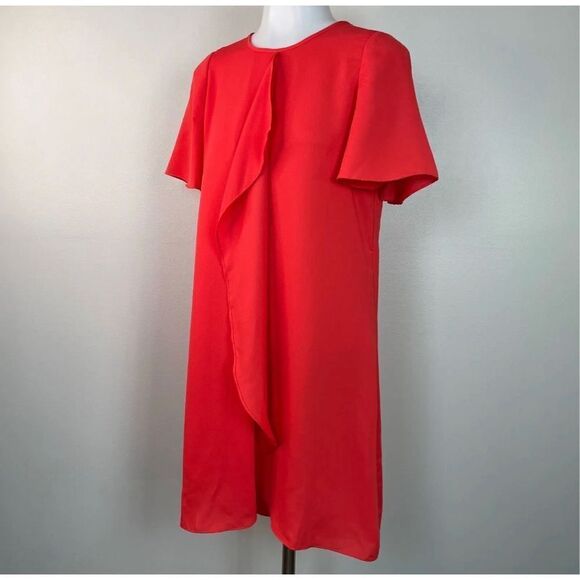 BCBGMaxazria Shift Dress Poppy Orange Cascading Ruffle Short Sleeve Size M - Picture 3 of 9
